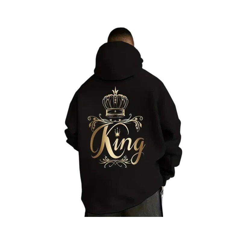 A black pullover hoodie with a gold King crown graphic on the back
