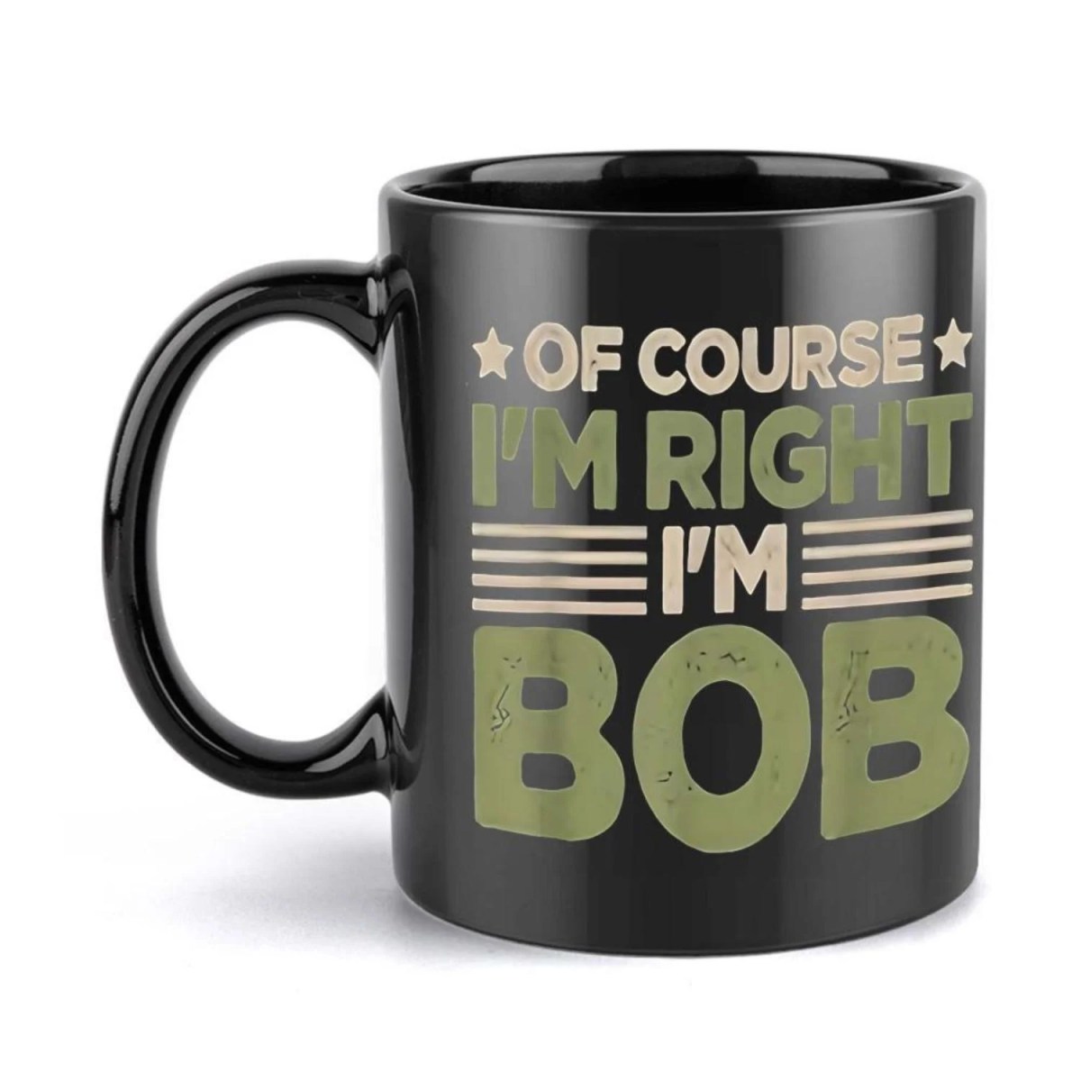 A black ceramic coffee mug with a funny novelty print